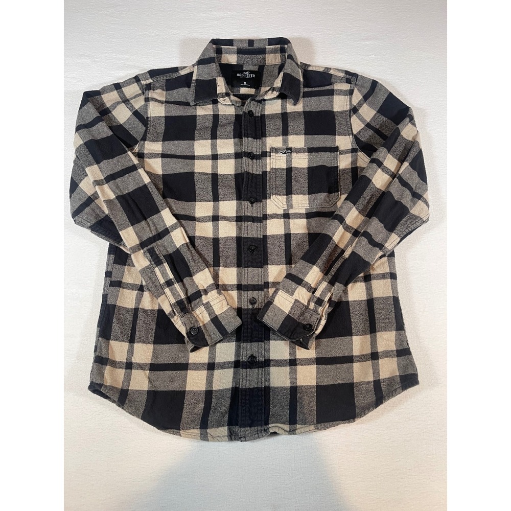 Hollister Mens Flannel Shirt Medium Black Tan Plaid Long Sleeve Button Down